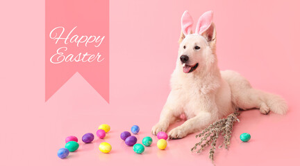 Cute greeting card for Easter celebration with funny white dog in bunny ears and with eggs