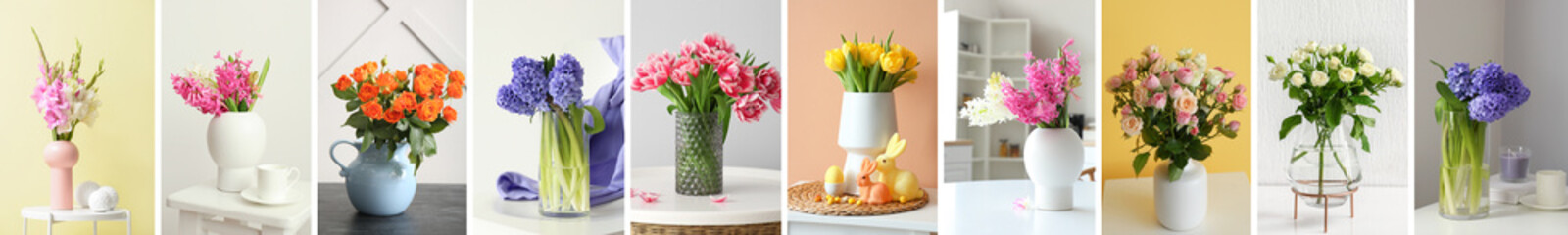 Vases with beautiful bouquets of fresh flowers in room - obrazy, fototapety, plakaty