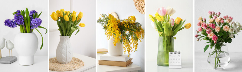 Vases with beautiful bouquets of fresh flowers in room