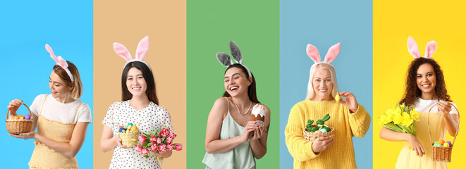 Group of women with bunny ears, Easter eggs and cake on color background