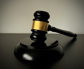 Close up of judge gavel on dark table background. Law concept.