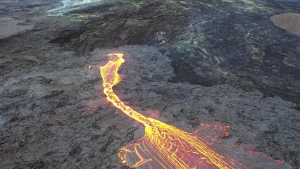 Iceland. Volcanic eruption. Flowing lava and craters.