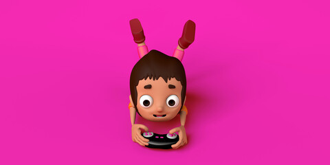 Child gamer playing video game console lying on the floor. Copy space. 3D illustration. Cartoon.