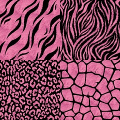 Set of seamless patterns with animal prints. Metallic pink vector illustration
