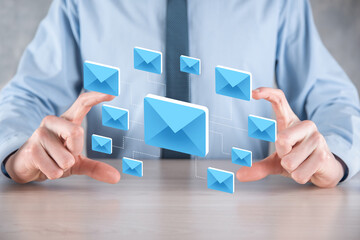 Email marketing and newsletter concept.Contact us by newsletter email and protect your personal information from spam mail concept.Scheme of direct sales in business. List of clients for mailing.
