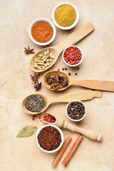 Set with aromatic spices on beige background