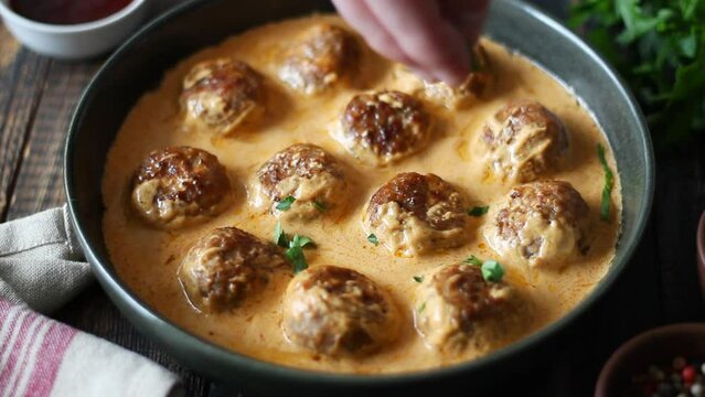 Swedish meatballs in cream sauce. Swedish cuisine. Recipe.