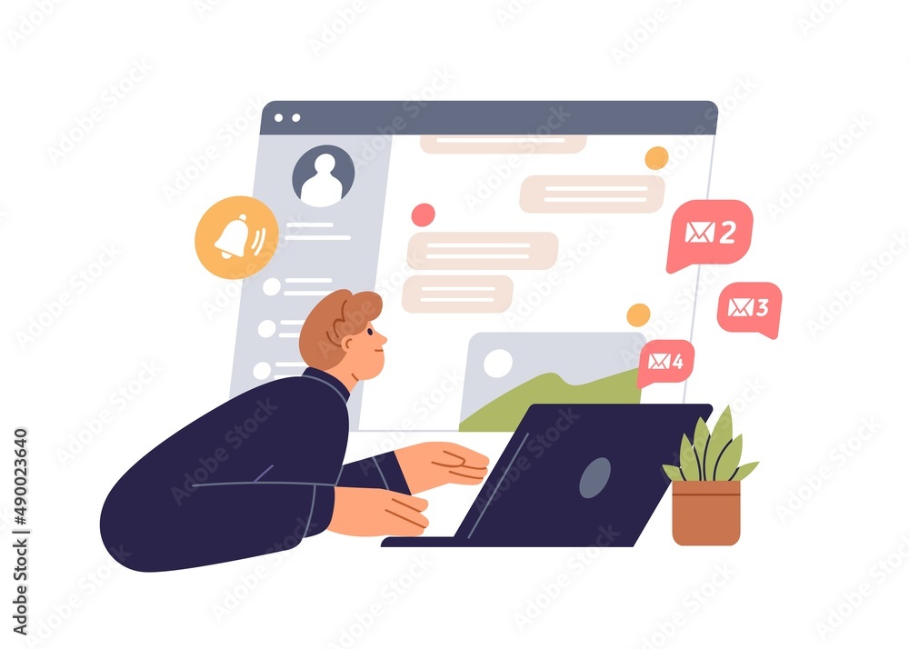 Poster Chat, communication via internet. Person receiving notifications about new unread messages. Online correspondence in messenger at laptop computer. Flat vector illustration isolated on white background