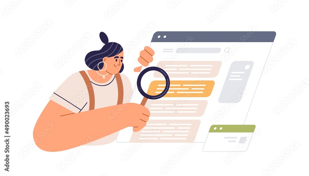 Aufkleber Internet user during online search of data, information. Web analysis and CEO concept. Person checking, analyzing SERPs with magnifying glass. Flat vector illustration isolated on white background