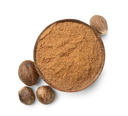 Bowl of nutmeg powder and nuts on white background