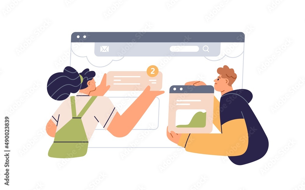 Fototapete UX UI design and creating website content concept. Web designers at screen, working with page interface, arranging text and banners on layout. Flat vector illustration isolated on white background