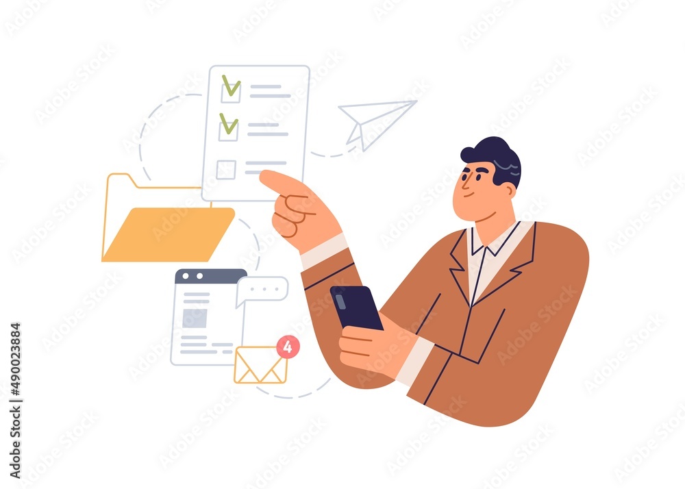 Poster Business person checking daily tasks, mail in mobile phone application. Businessman with checklist, email at work. Online workflow concept. Flat vector illustration isolated on white background