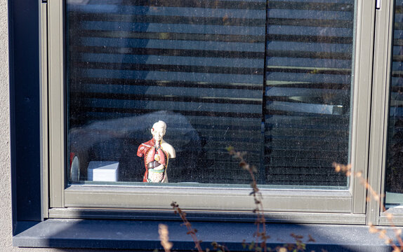 Anatomic statuette in tue windov, New house in the city, Ulven, Oslo, Norway