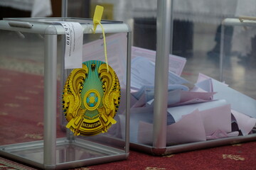 Almaty, Kazakhstan - 01.10.2021 : Ballot box in the voting hall. Parliamentary elections in...