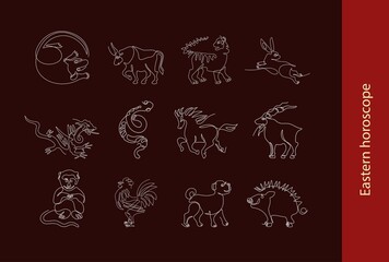 The set of symbols of the Chinese horoscope. Twelve zodiac animals. Continuous line.