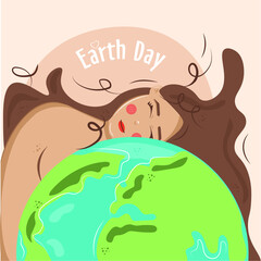 Mother earth day. Flat earth day illustration. Young girl hugging the earth. Protect the earth and love