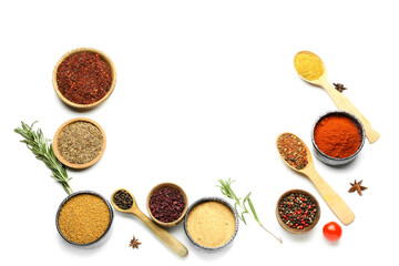 Composition with different aromatic spices on white background