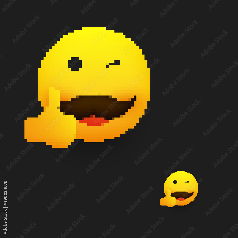 Poster smiling emoji - simple happy winking emoticon with mustache showing thumbs up - pixelated flat vecto