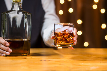 Bartender Serve Whiskey, on wood bar, 