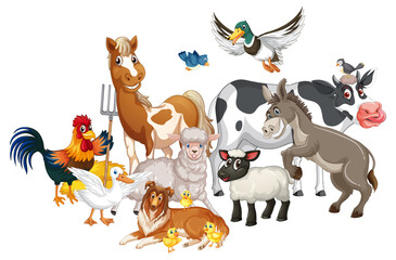 A group of animal farm on white background
