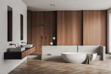 Fototapeta na wymiar Front view on bright bathroom interior with bathtub, shower