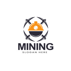 Retro mining logo with hard hat helmet and two axes Vector illustration, symbol, design icon