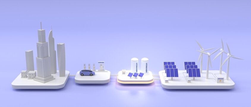 Hydrogen storage tanks with solar panels, wind turbines and battery bank. Isometric 3d mockup grid renewable clean energy system for power supply of smart city, charging stations and electric car
