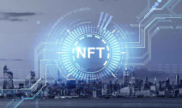 Non-fungible token hologram on virtual digital screen, nft with network