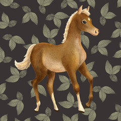 Cute little baby horse runs on brown background with beautiful botanical print of green grass and leaves.