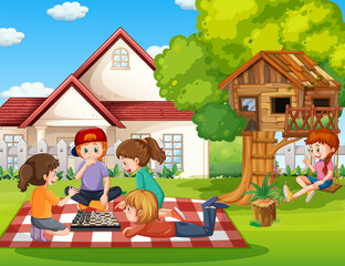 Obraz na płótnie Canvas Children playing games outside the house