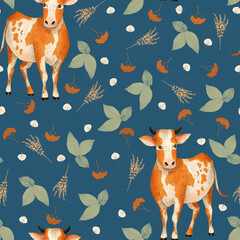 Amazing cute hand drawn botanical seamless pattern with green and orange leaves and branches and a nice little orange baby  cow isolated on dark blue. Perfect for children design