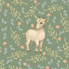 Amazing cute hand drawn botanical seamless pattern with yellow pink blue leaves and branches and a nice little baby goat isolated on green. Perfect for children design