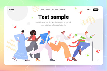 mix race businesspeople running cross finish line leadership concept target motivation success horizontal