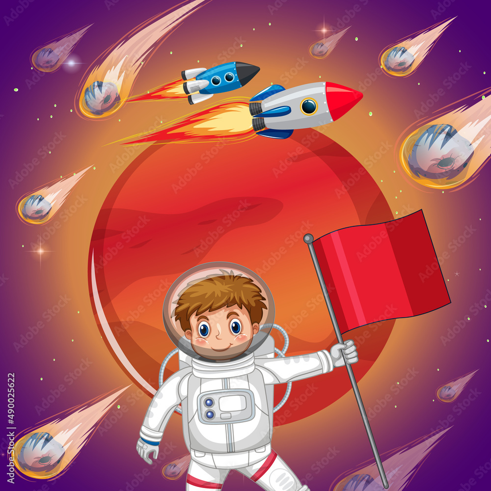Wall mural astronaut kid in space with mars planet and comets
