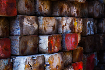 Wooden blocks folded into bundles, closeup.