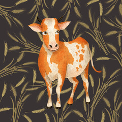 Cute little baby cow on brown background with beautiful botanical print of yellow grass and leaves.