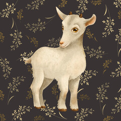 Cute little lamи baby goat on brown background with beautiful botanical print of yellow grass and leaves.