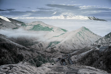 Beautiful autumn scenery in Taiwan, The fallen leaves beautiful color picture, Asia - Beautiful landscape of highest mountains blue sky in fall seaon at Taroko National Park, Taiwan