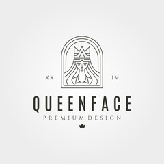 queen face wearing crown logo vector symbol illustration design, line art style