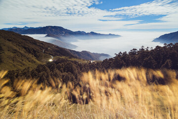 Beautiful autumn scenery in Taiwan, The fallen leaves beautiful color picture, Asia - Beautiful landscape of highest mountains blue sky in fall seaon at Taroko National Park, Taiwan
