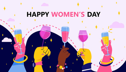 mix race hands holding glasses of champagne international happy womens day celebration concept 8th march