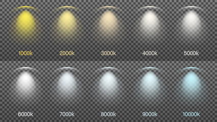 Set of light from lamps, spotlights. Color temperature from 1000 to 10000 Kelvin. Vector illustration. - obrazy, fototapety, plakaty