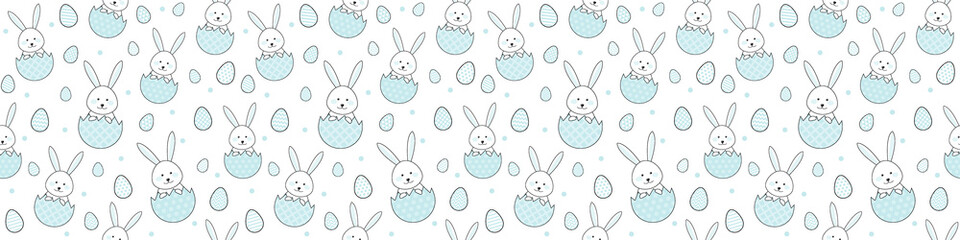 Easter banner with bunnies and decorative eggs. Seamless pattern. Vector