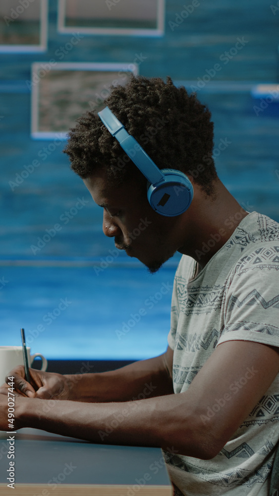 Poster african american engineer designing blueprint plan on computer for construction. black architect wit