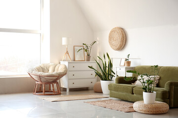 Comfortable sofa, houseplants and pouf near white wall in room