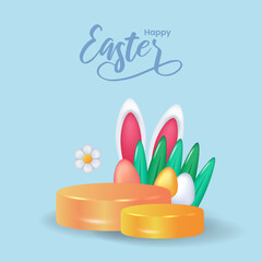 podium stage cylinder with 3d ear bunny rabbit with egg and grass spring for easter greeting card concept