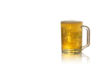 Frosty glass of light beer set isolated on a white background, copy space for text.