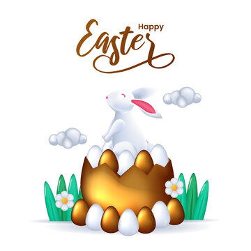 Elegant rabbit bunny with golden and white egg for easter celebration concept