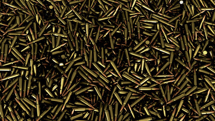 Pile of fire bullets or ammunition top view background. 3d render