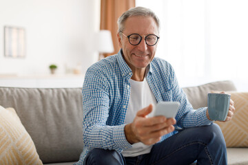 Portrait of smiling mature man using smartphone at home